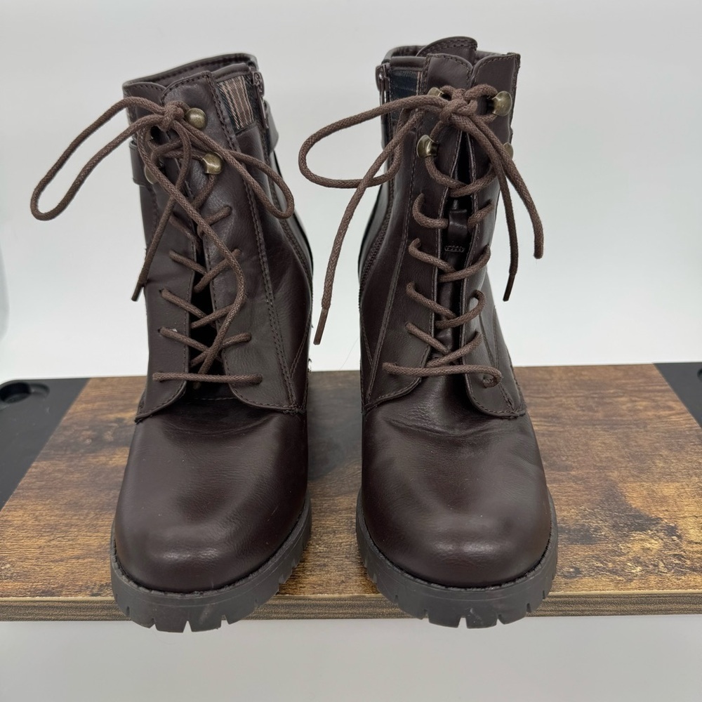 Seychelles Lace-Up Heeled Combat Boots – Brown with Plaid Cuff – Size 9.5 - Picture 2 of 11